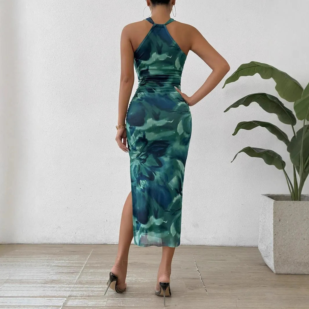 Off-the-shoulder dress with fold split high waist A-line midi skirt in green polyester with printed pattern