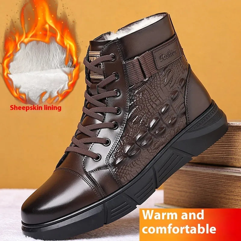 Genuine leather snow boots with integrated fur, non-slip rubber soles, and front lace-up closure