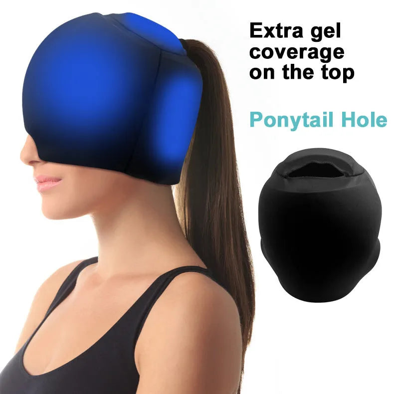 Simple solid colour cold compress cap in black, shown fully enclosed for head cooling therapy.