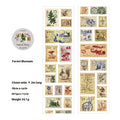 Roll of retro-style stamp stickers for journal decoration, showing butterfly, forest, bird and mushroom designs.