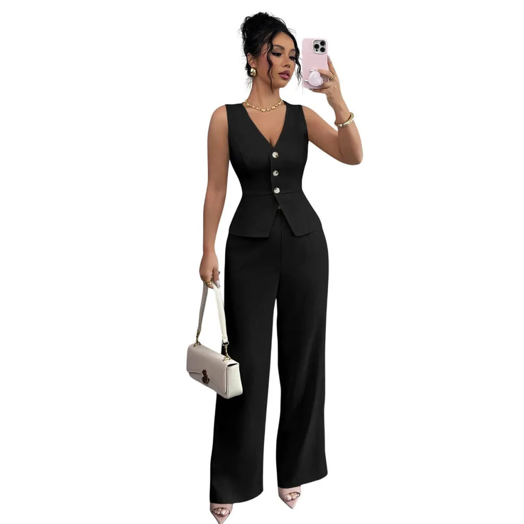 Women's sleeveless vest and high-waist trousers two-piece set in solid colour polyester fabric