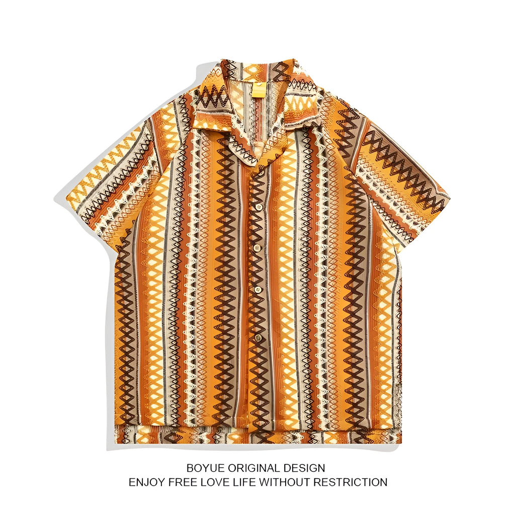 Ethnic style woven Cuban collar shirt with contrasting colour details and drop-shoulder short sleeves