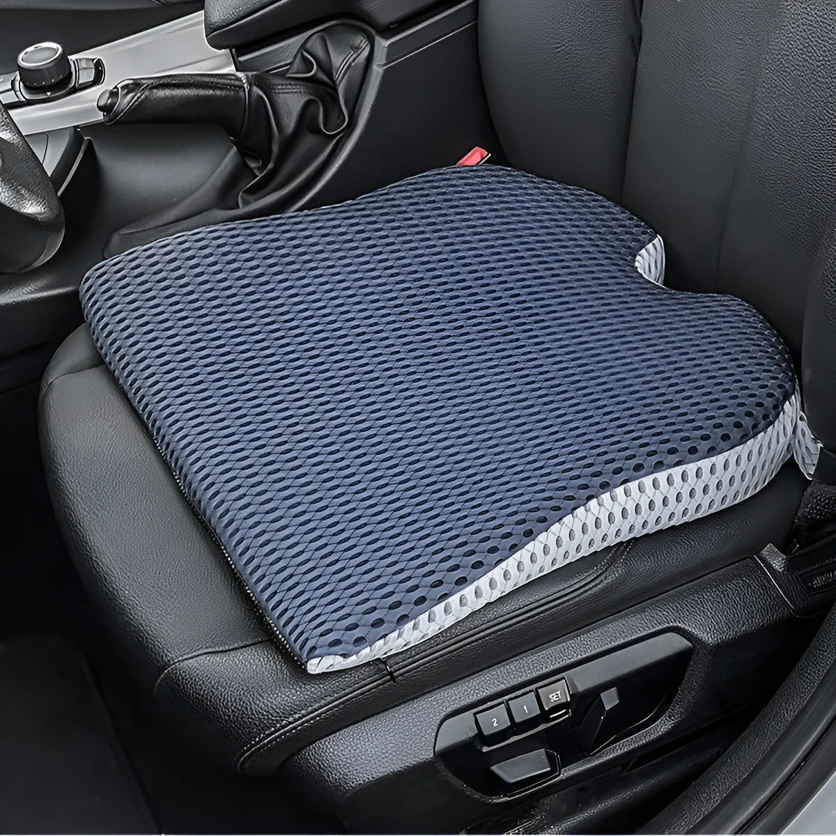 Memory foam car office cushion with adjustable strap in black, grey and creamy white colours