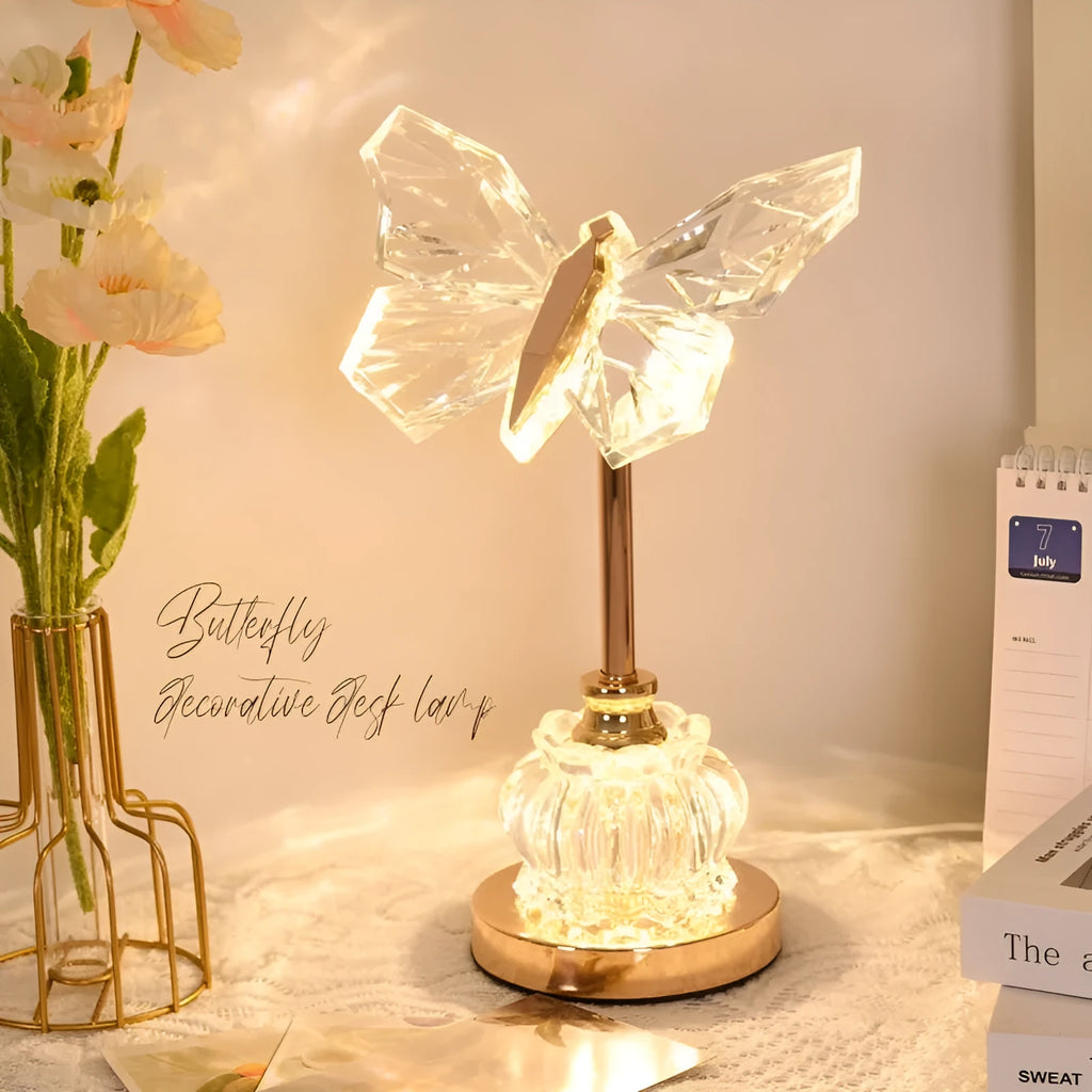Butterfly table lamp with adjustable brightness and angle in a bedroom setting with USB plug-in