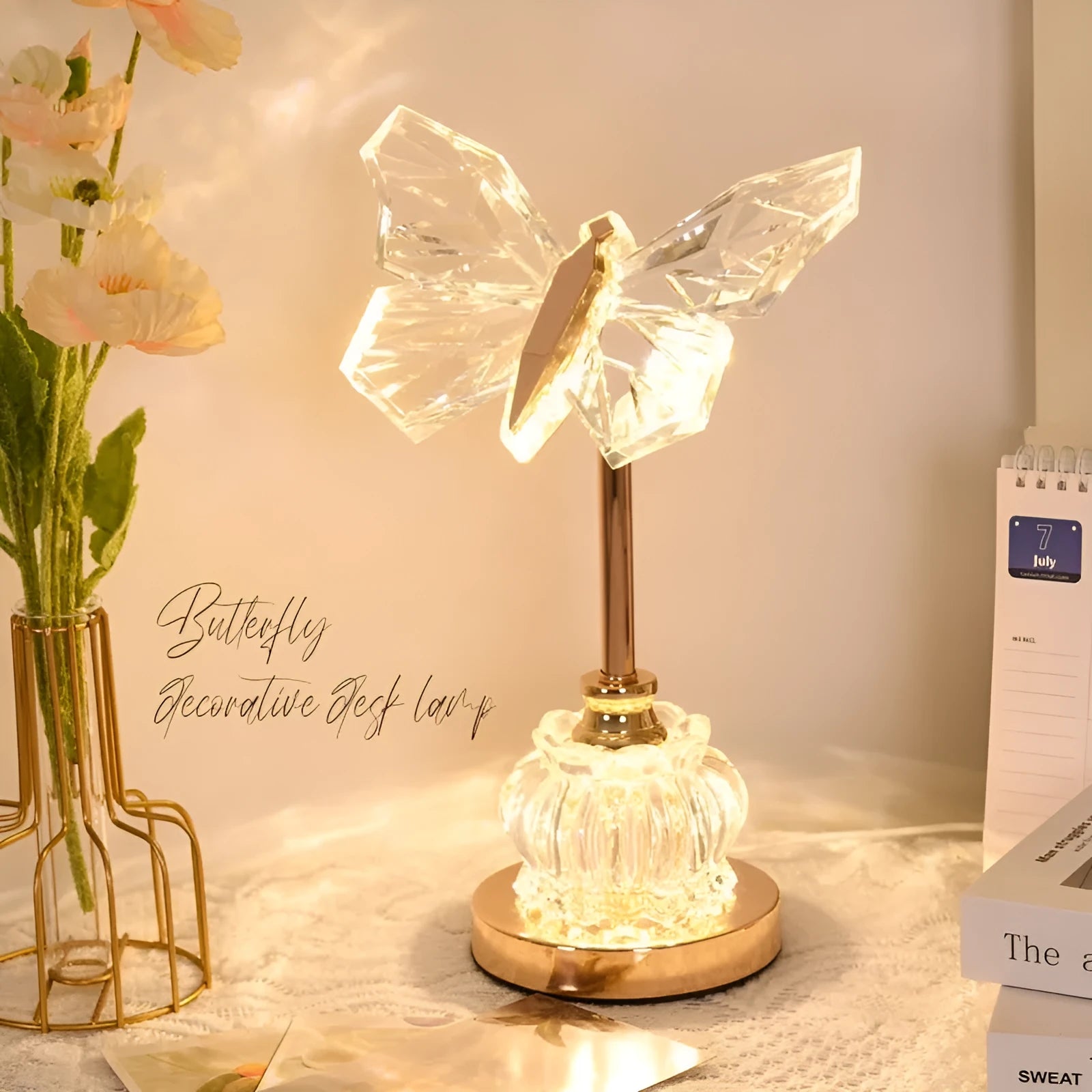 Butterfly table lamp with adjustable brightness and angle in a bedroom setting with USB plug-in