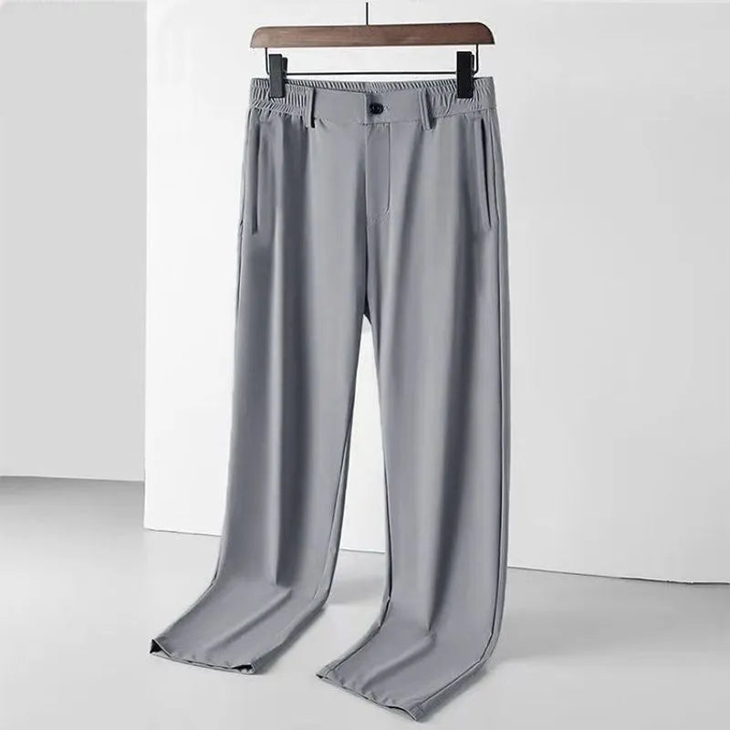 Men's black Ice Silk straight loose trousers with elastic waist for casual wear