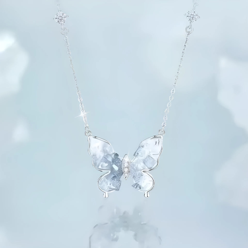 Bingyu butterfly necklace in S925 silver with ice rain pendant on adjustable chain