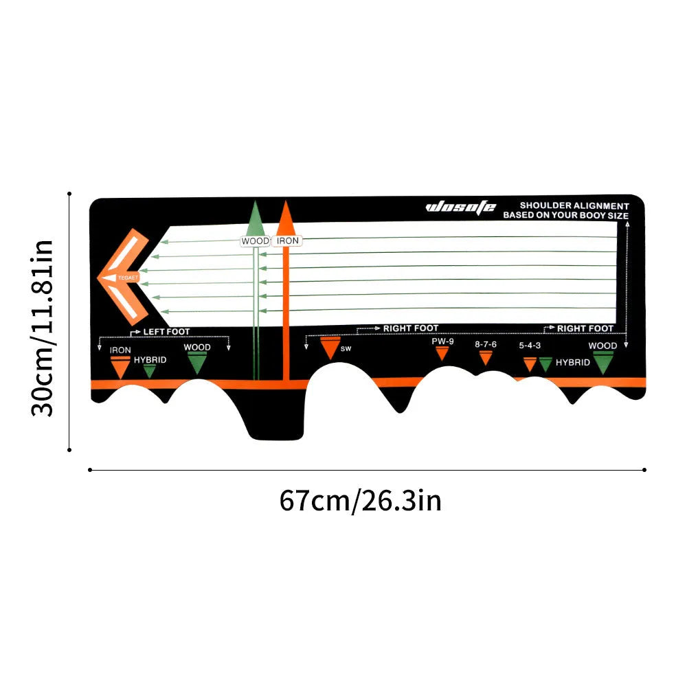 Black neoprene golf swing standing posture auxiliary pad on a practice surface.