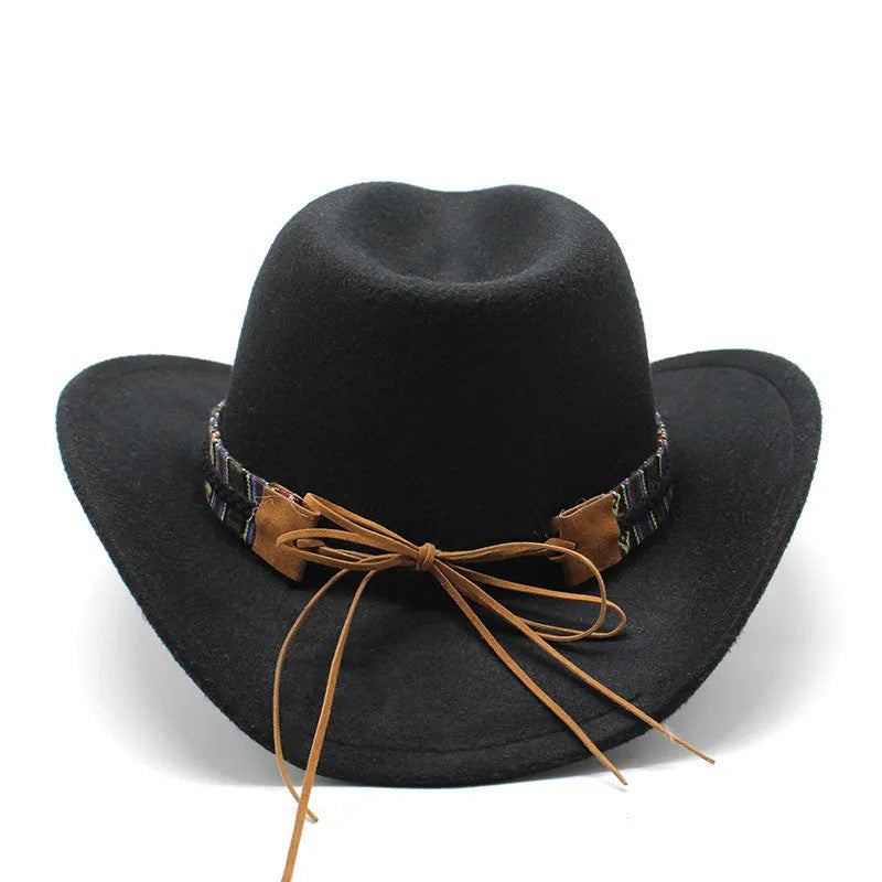 A wool felt western cowboy hat with a bell crown, shown in one of fourteen available colours including army green, black, or wine red.