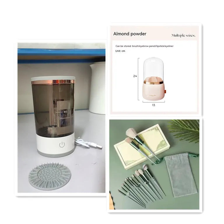 Electric makeup brush cleaner in grey and white, 17x9x9 cm, with USB charger and brush