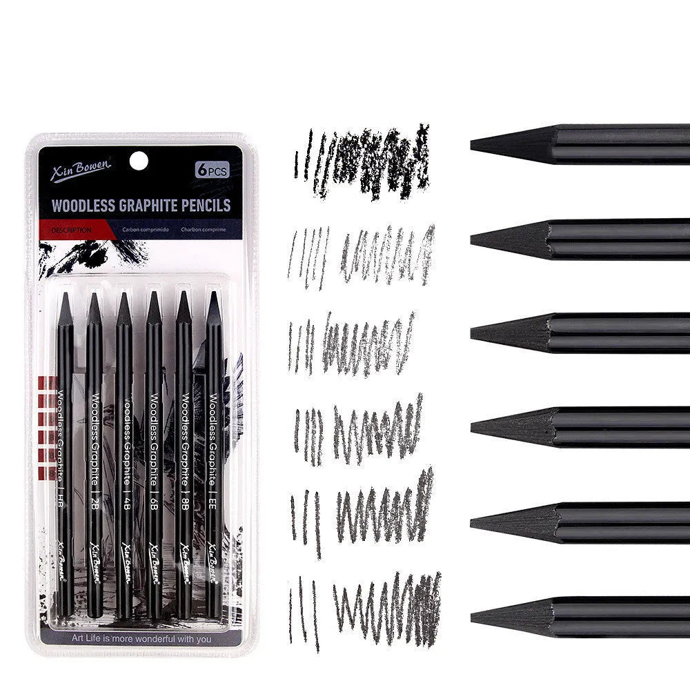 Set of six wood-free graphite sketching pencils in different grades for artistic drawing