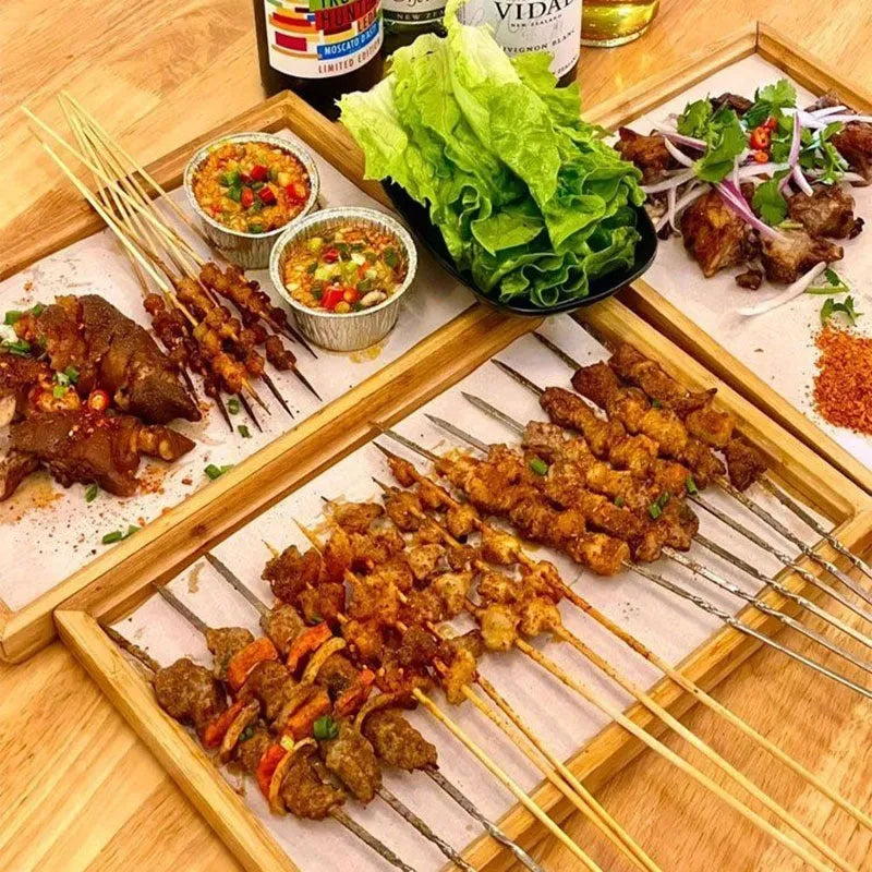 Square bamboo barbecue plate tray with brown handle in solid colour