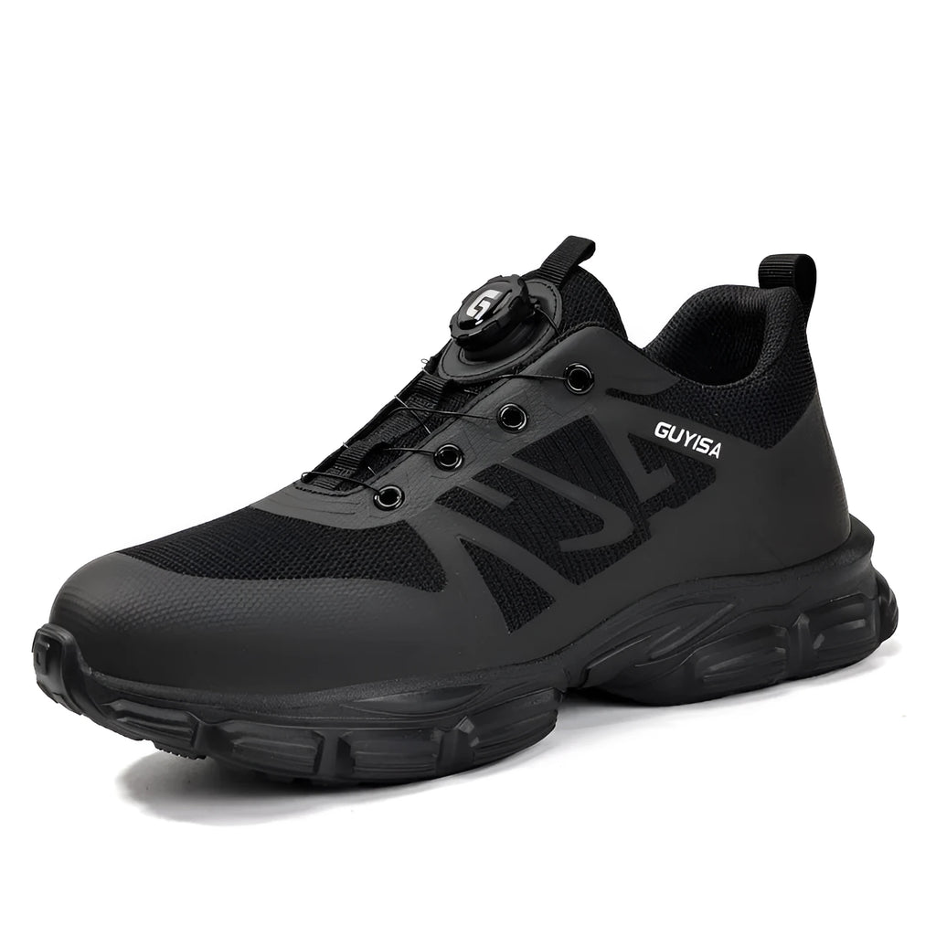 Black lightweight men's safety shoes with flyknit upper, steel toe cap, and TPU sole.