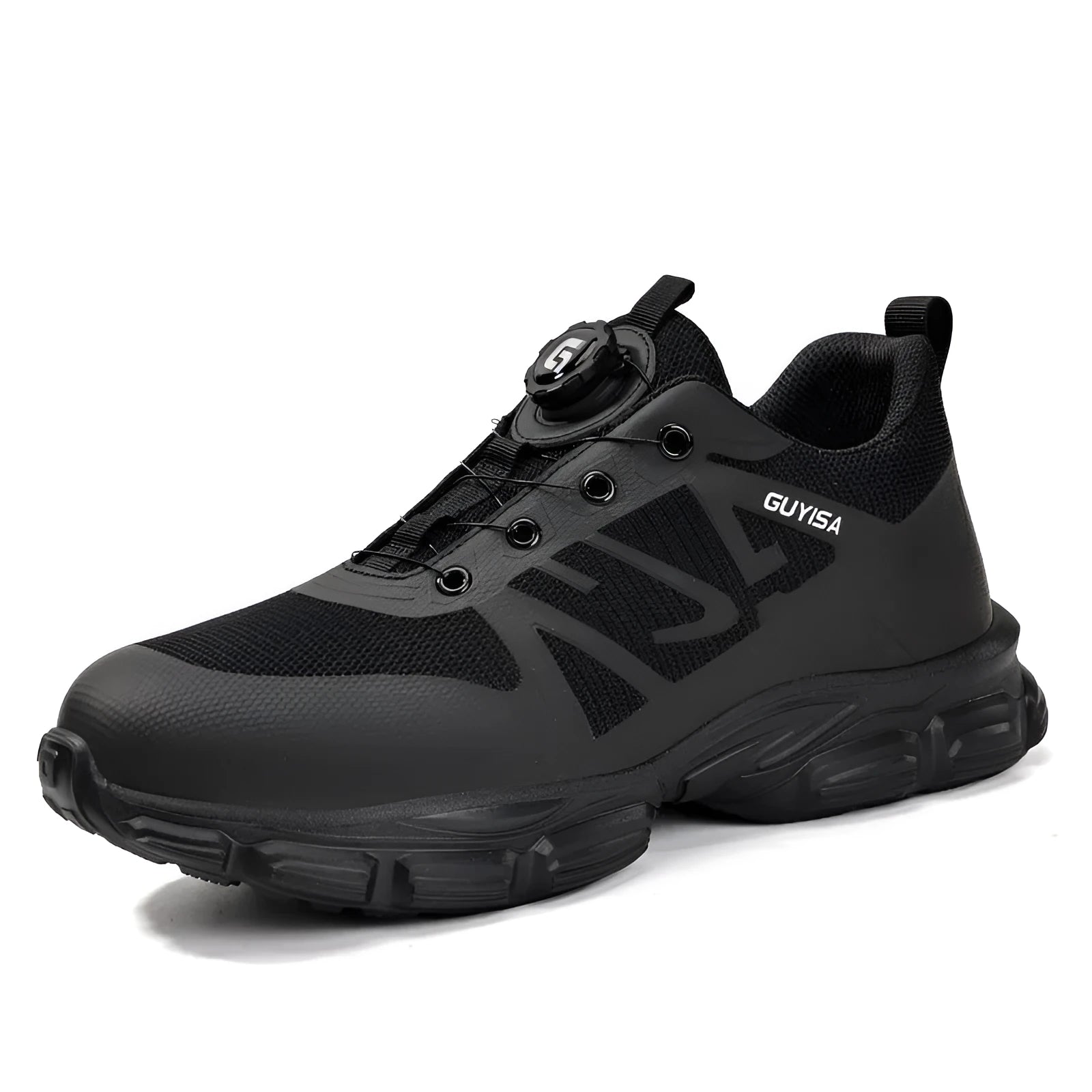 Black lightweight men's safety shoes with flyknit upper, steel toe cap, and TPU sole.