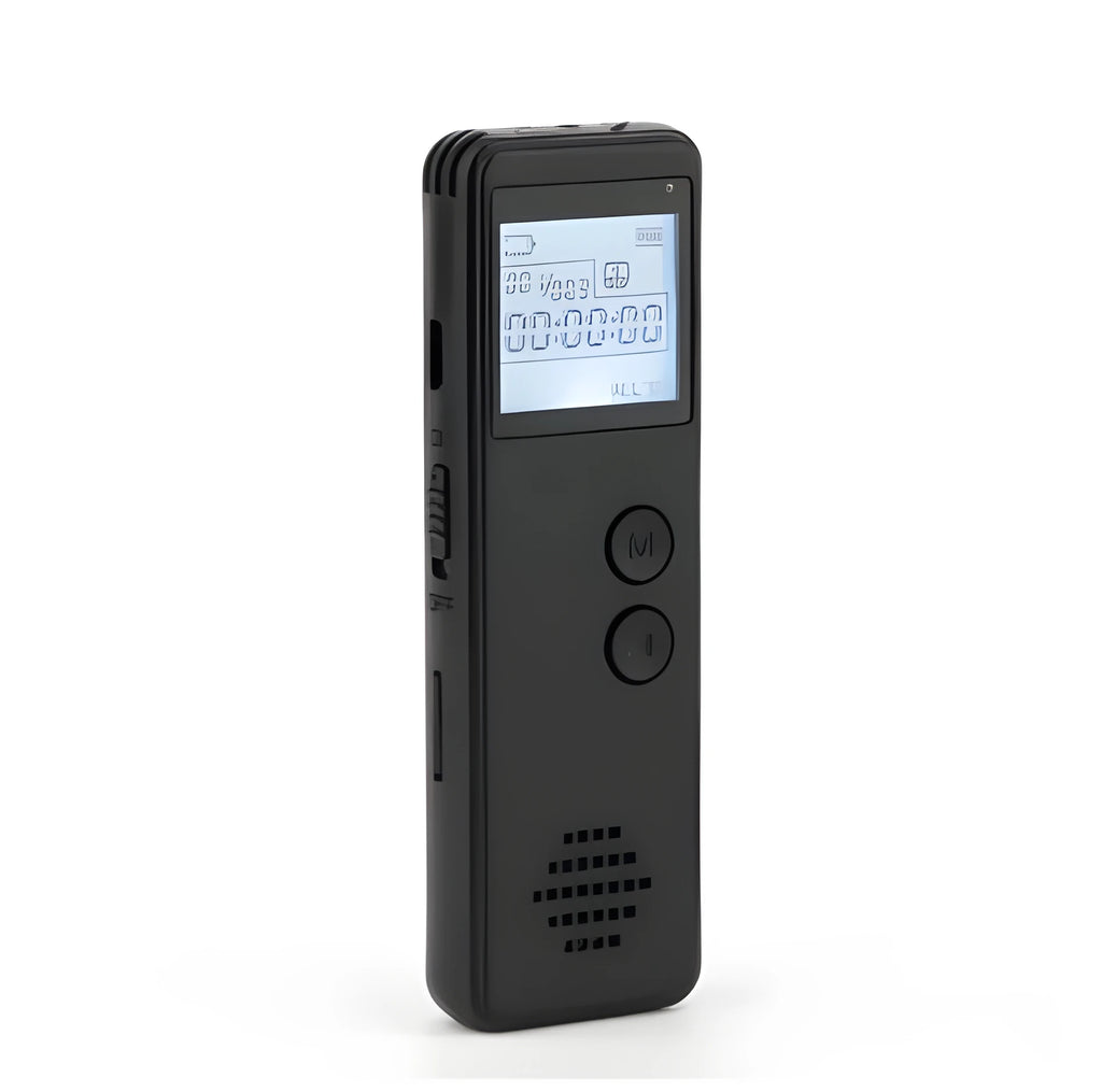 Black digital voice recorder with screen and buttons for MP3 recording