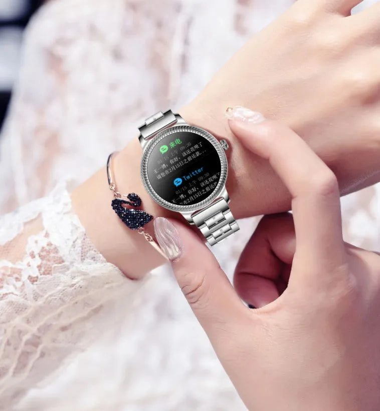 AK38 ladies smart watch with colour display and stainless steel Milanese mesh wristband