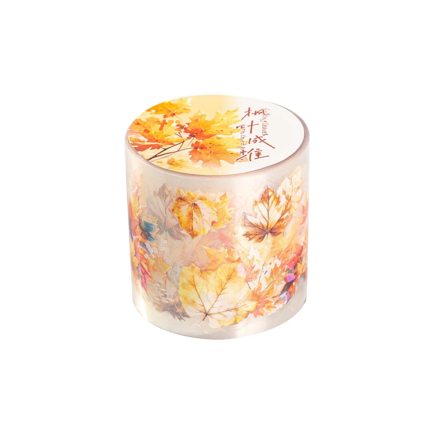 Roll of decorative PET stickers with six natural leaf patterns including ginkgo and maple designs