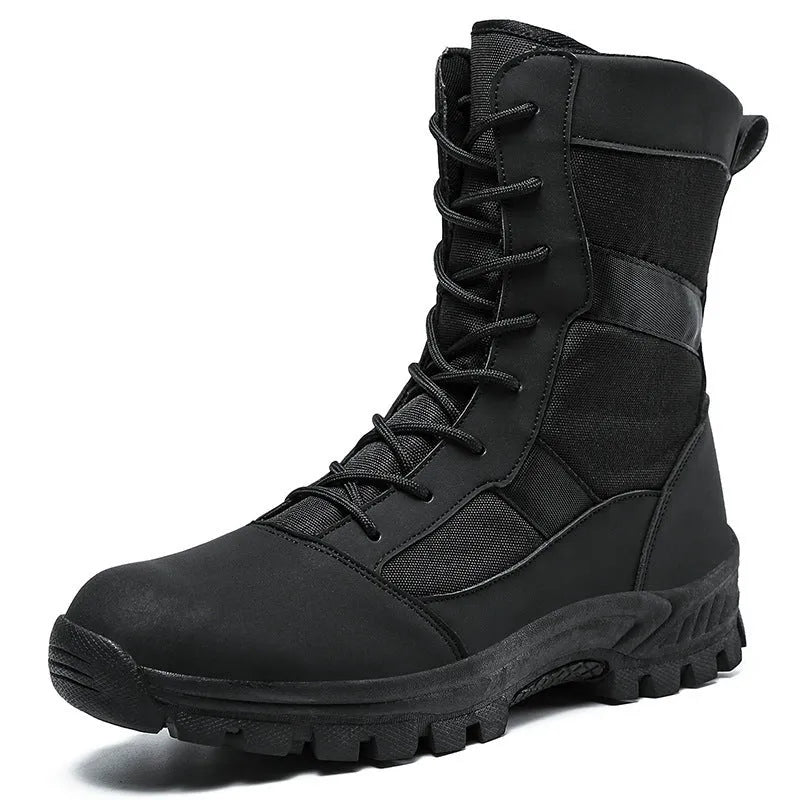 Men's plus size high-top Martin boots in black and camouflage colours with mesh upper and totem design