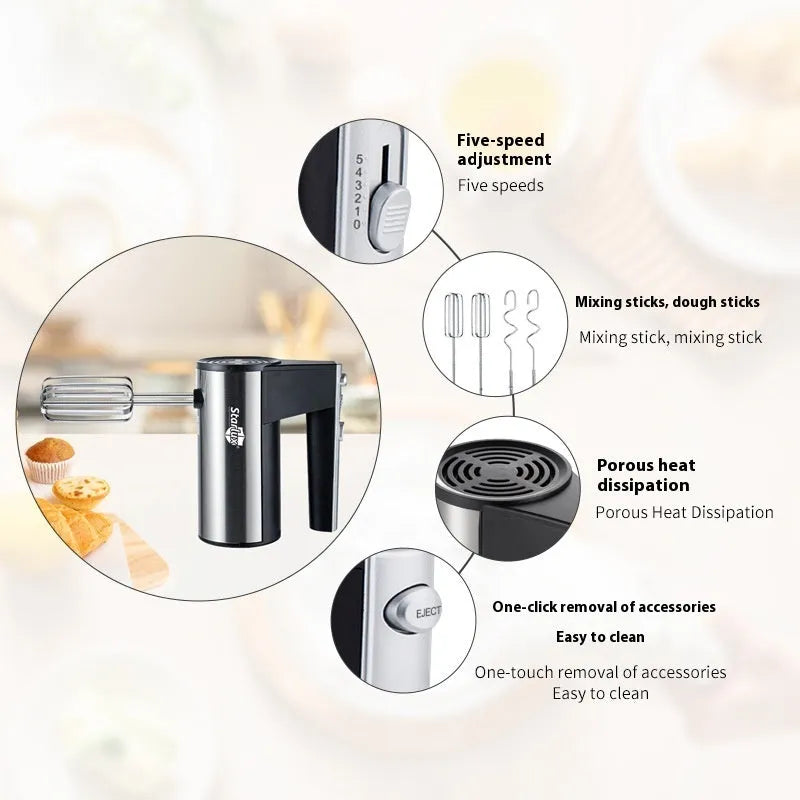 SL-25209 model silver household electric handheld mixer with beaters on a kitchen counter.