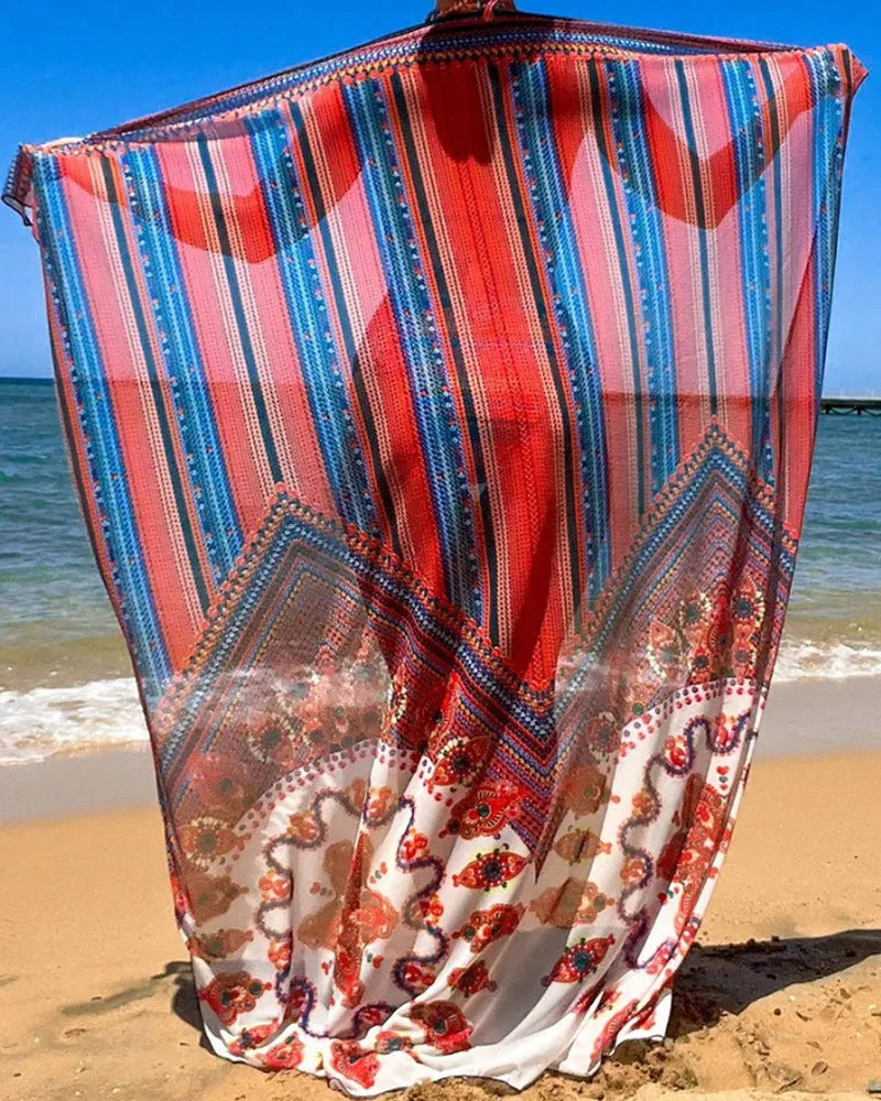 Women's three-piece swimsuit set showing high-waist briefs, sleeveless cutout blouse, and matching coat.
