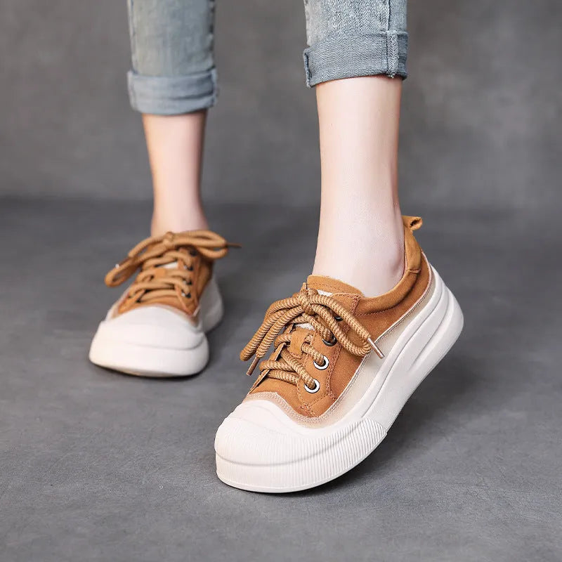 Women's brown leather lace-up casual shoes with round toe on white background