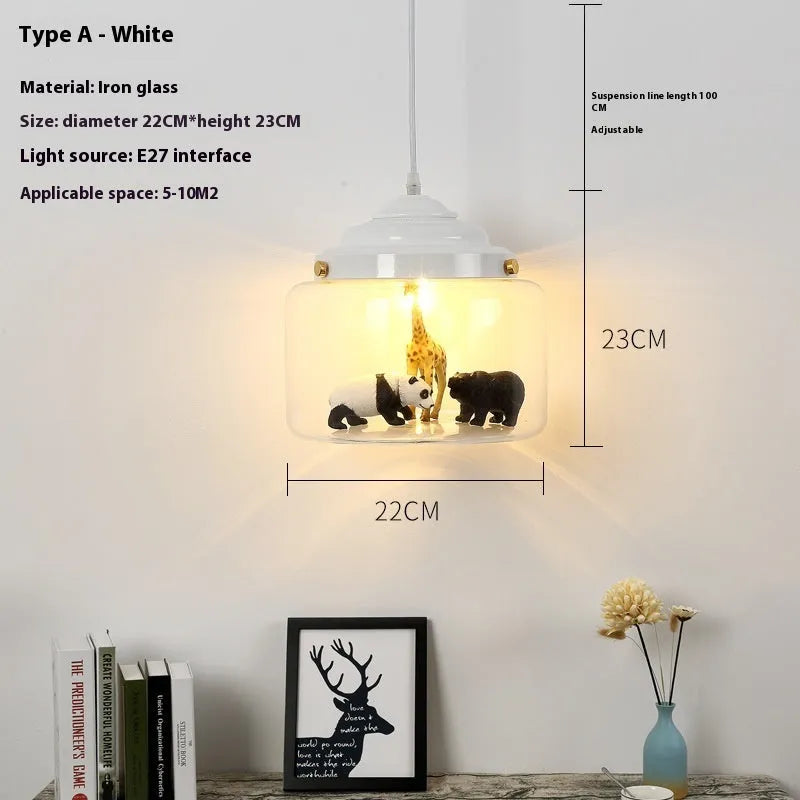 Animal cartoon glass chandelier in Nordic style with iron droplight base, available in Moon White and Charming Black