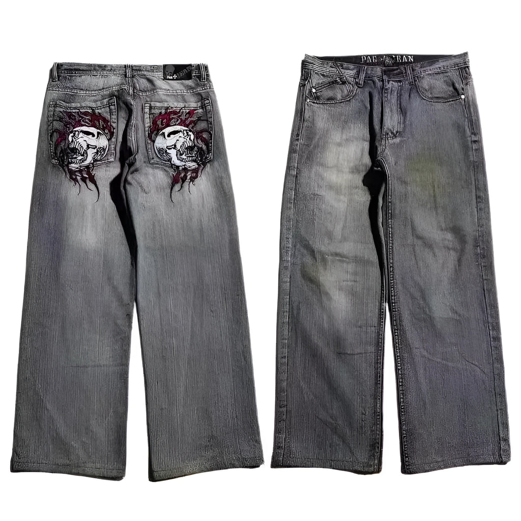 Grey wide-leg men's jeans with retro washed finish and straight-leg opening