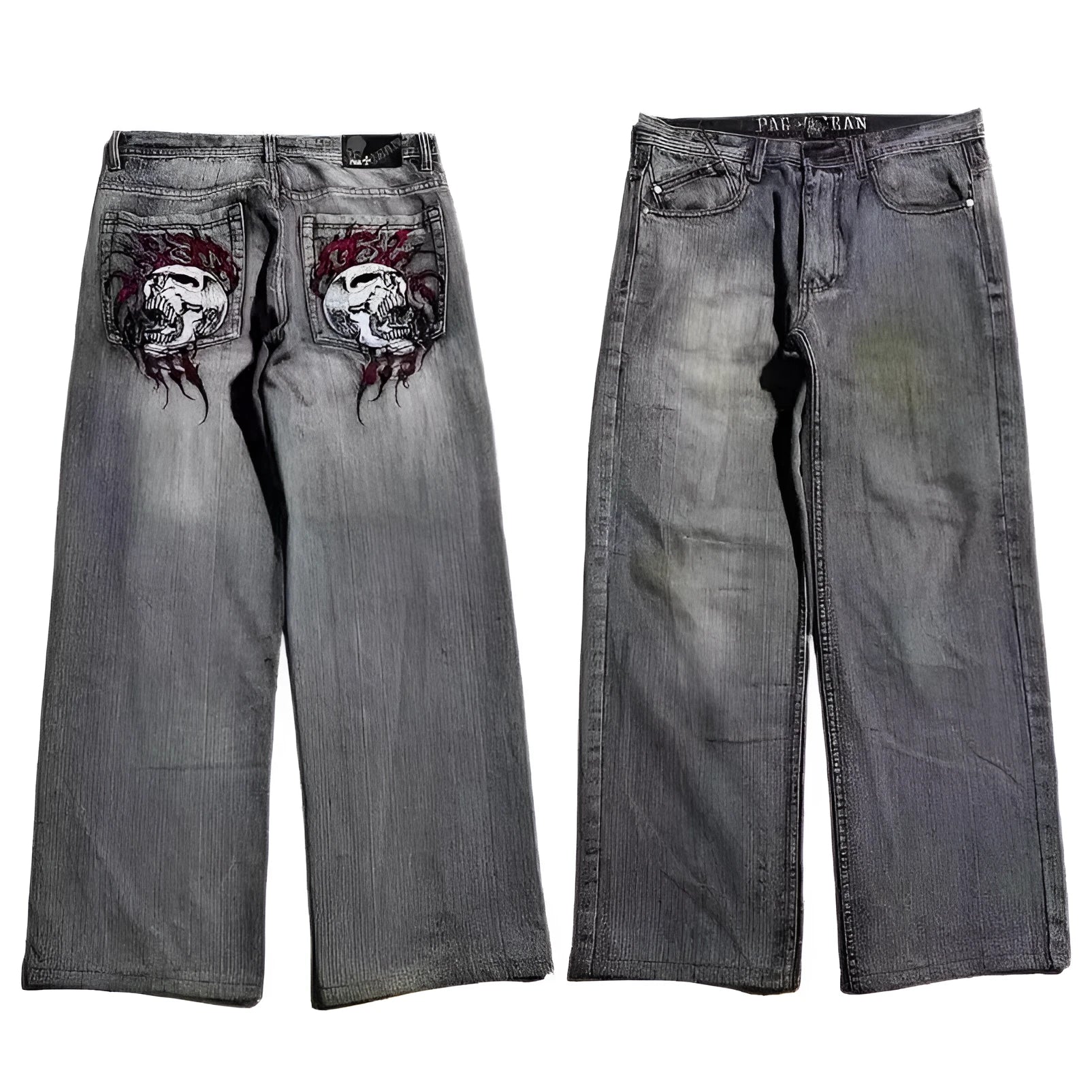 Grey wide-leg men's jeans with retro washed finish and straight-leg opening