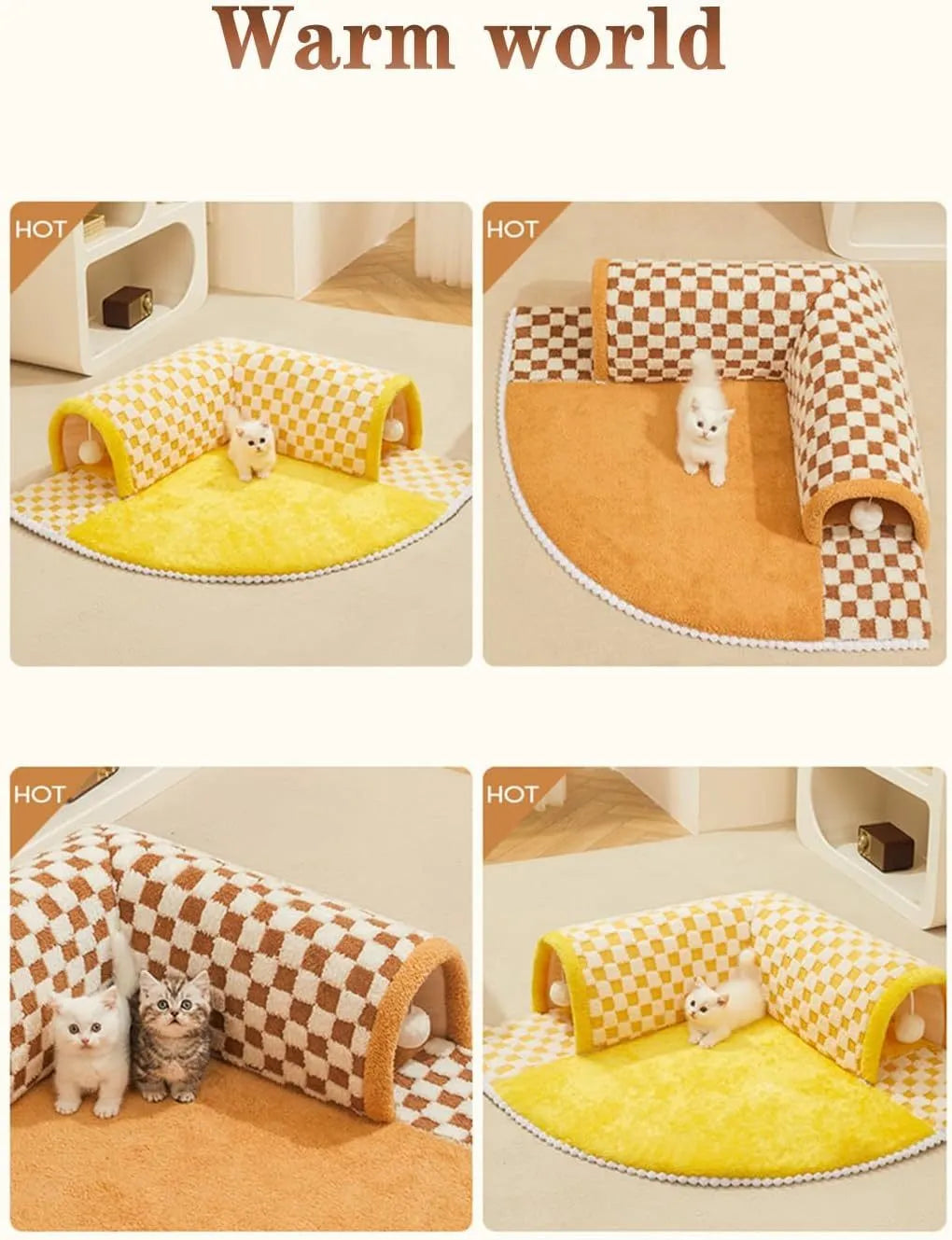 Plush plaid cat tunnel bed with central mat in brown or yellow, XL size 80cm