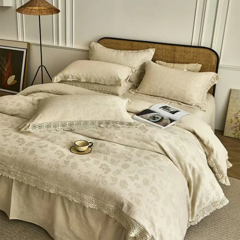 Cotton linen jacquard yarn-dyed washed four-piece bed sheet set in solid optic linen colour on a bed