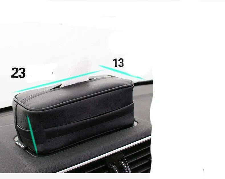 Black and beige PU leather hanging organiser box for car or home storage.