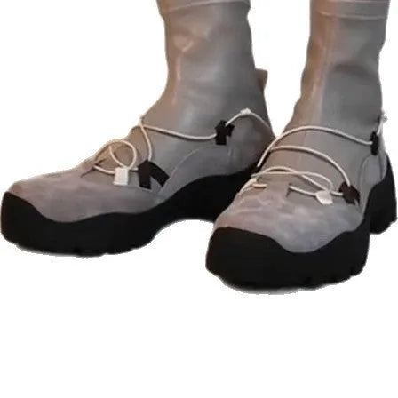 Women's retro platform ankle boots with cross strap design in grey, apricot, or black stretch microfiber, sizes 35-40.