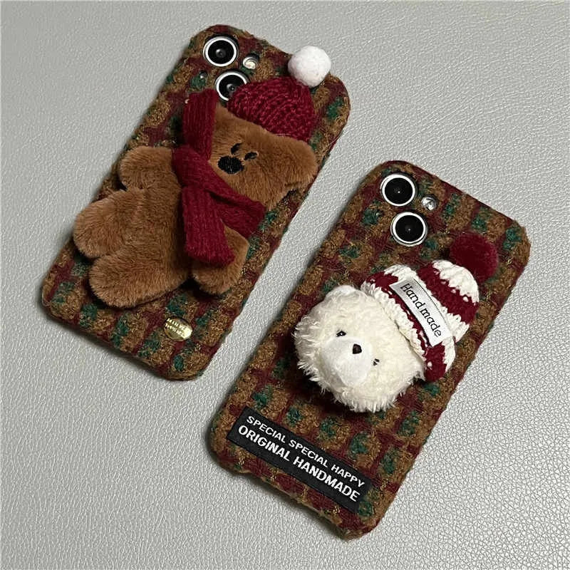 Red plush plaid cartoon bear drop-resistant phone case for Apple iPhone with scarf detail