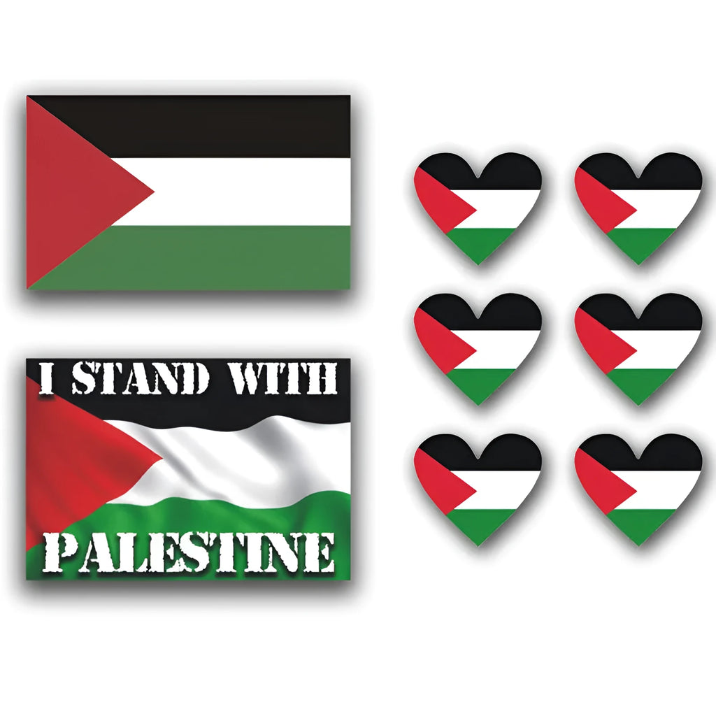 Palestinian flag car decal sticker on a vehicle rear window.