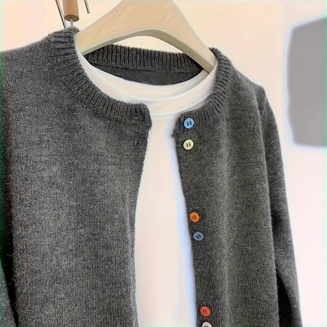 Women's dark grey polyester cardigan with button front and long sleeves
