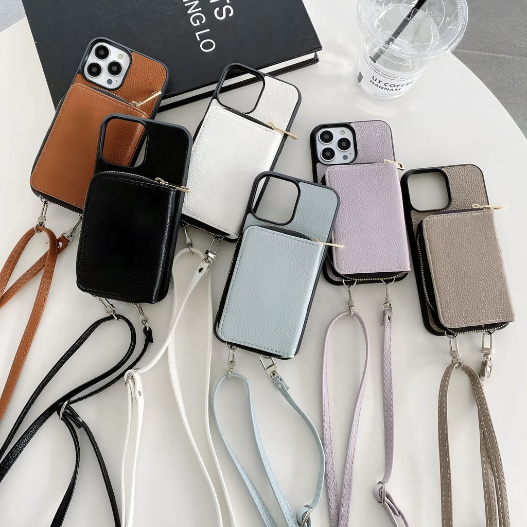 Litchi pattern textured protective case for iPhone on a table, shown in a selection of available colours.
