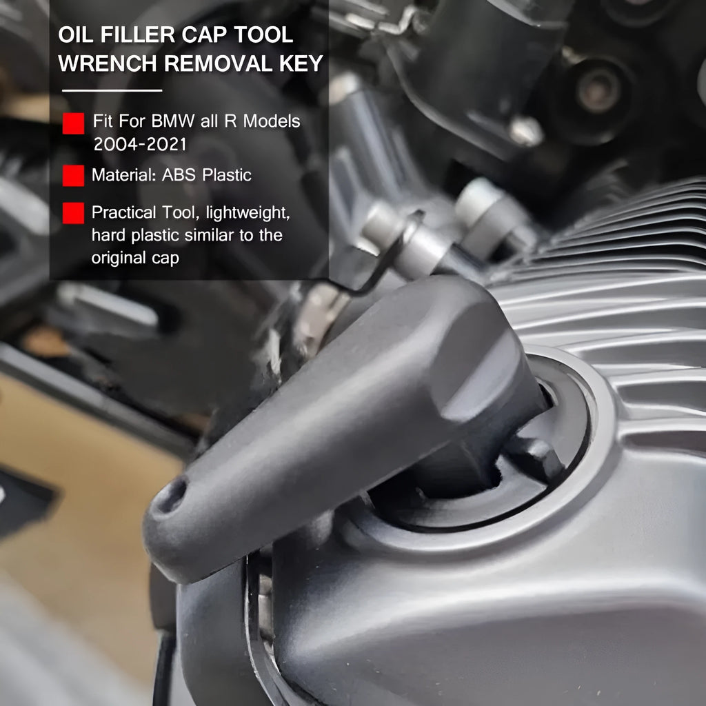 Black nylon quick release oil filter wrench for BMW motorcycle engine maintenance