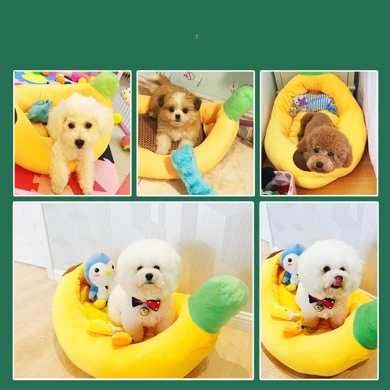 Yellow Banana Kennel zipper removable washable pet kennel mat on floor, available in sizes XS to L