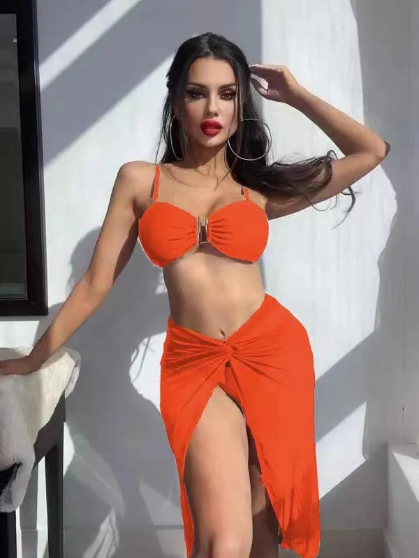 French-style multicolour bikini three-piece set with long culottes construction