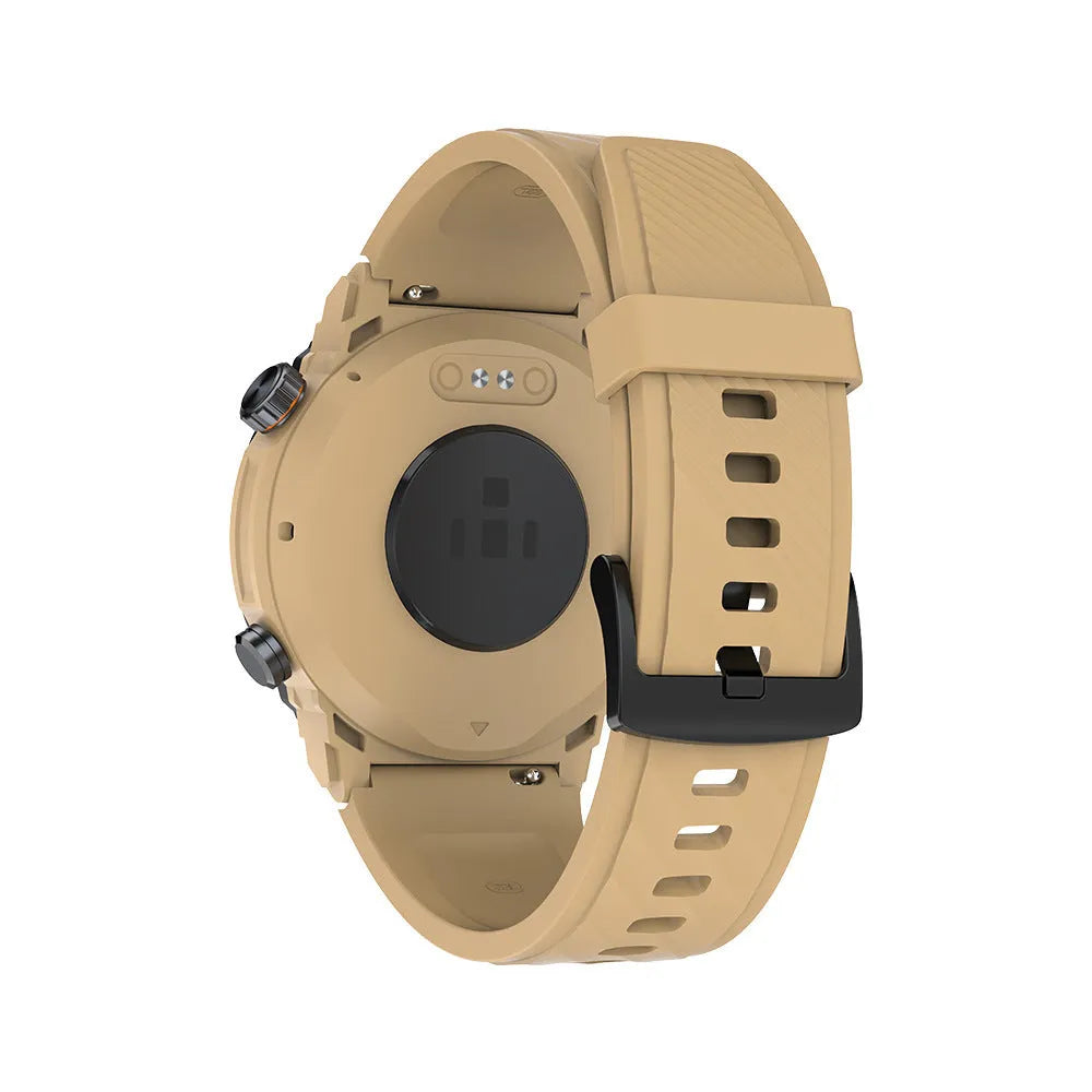 MG02 smart watch in black on wrist, showing TFT touchscreen displaying health stats.