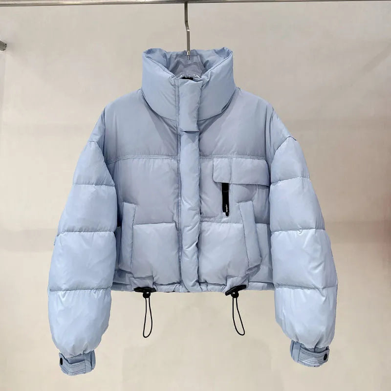 Korean-style stand collar short puffer jacket in solid colour with pleats and princess sleeves, available in yellow, black, raspberry red, and blue