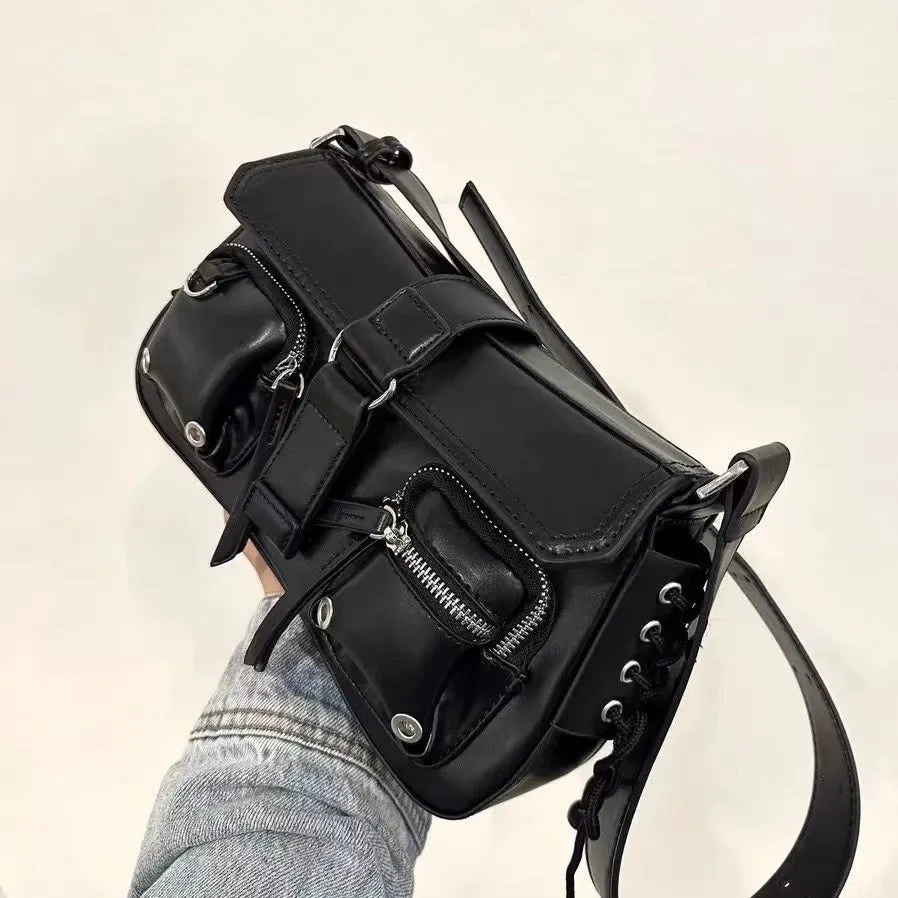 Black PU women's underarm baguette messenger bag with adjustable shoulder strap