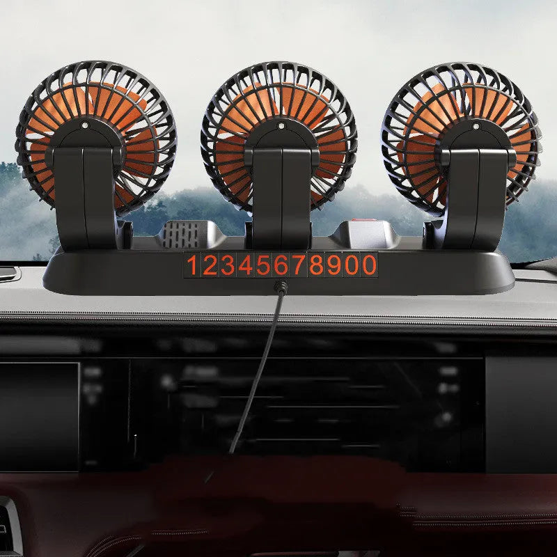 12V three-head adjustable car cooling fan with cigarette lighter plug on a 1.3m cable.