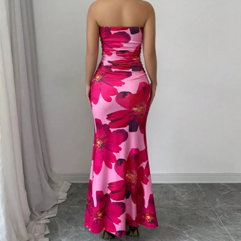 Sleeveless pink flowers print long hip skirt dress with high waist and slim fit, sizes S to XL