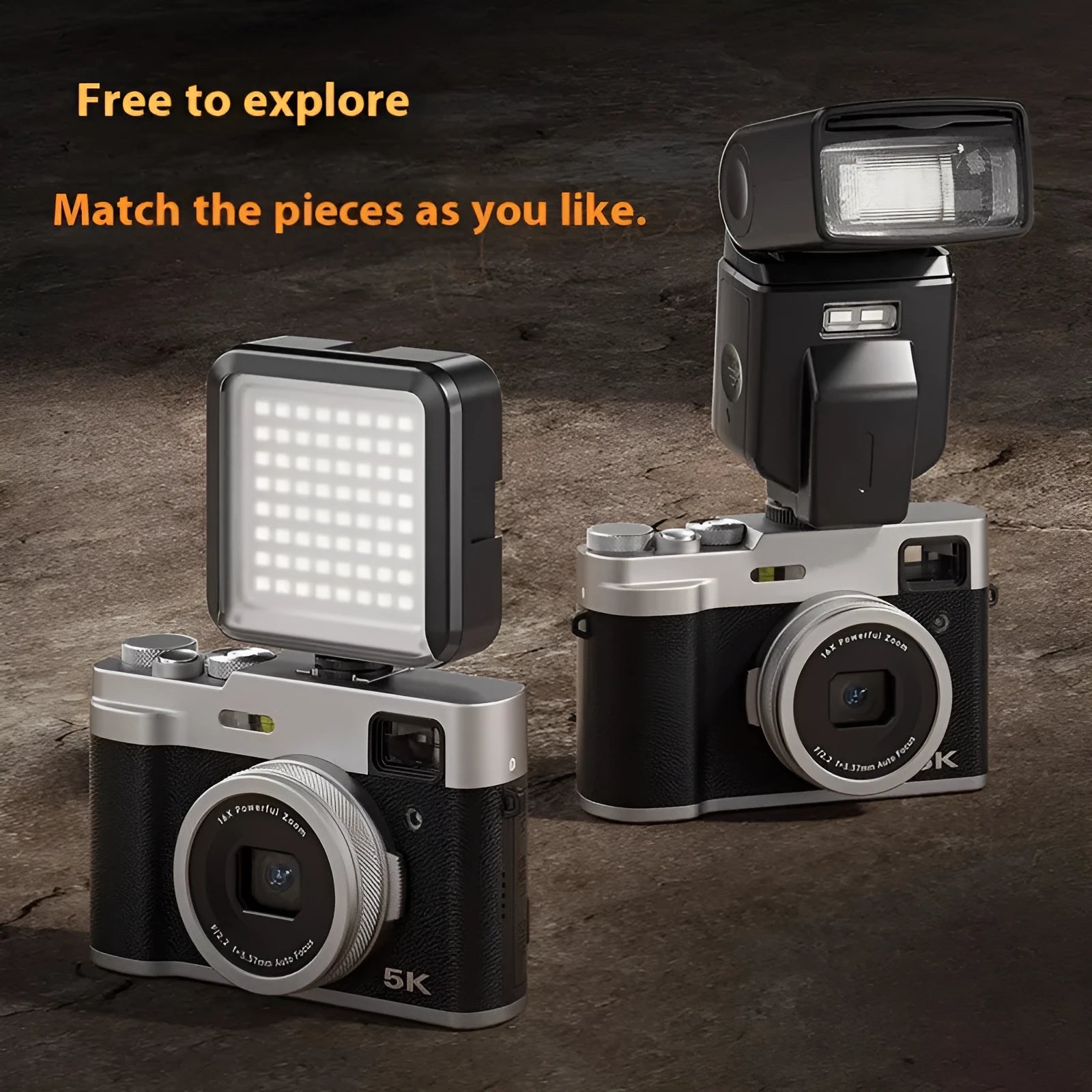 Black or brown 5K digital camera with front and rear lenses and an optical viewfinder on top.