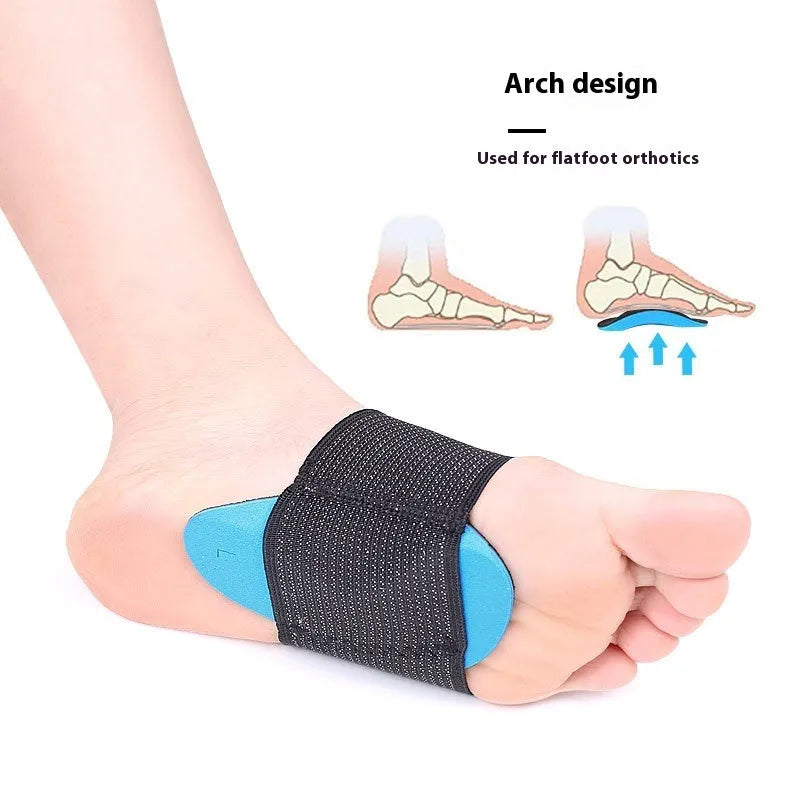 Blue elastic bandage arch support foot pads for adults and children on a white background.