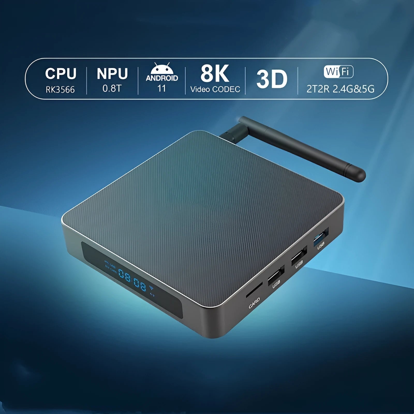 Black Android TV set-top box with remote control on a white background
