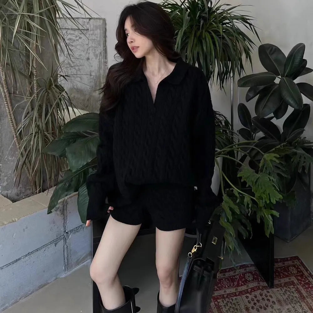 Women's knitted suit set with cable geometric pattern sweater and elastic waist shorts