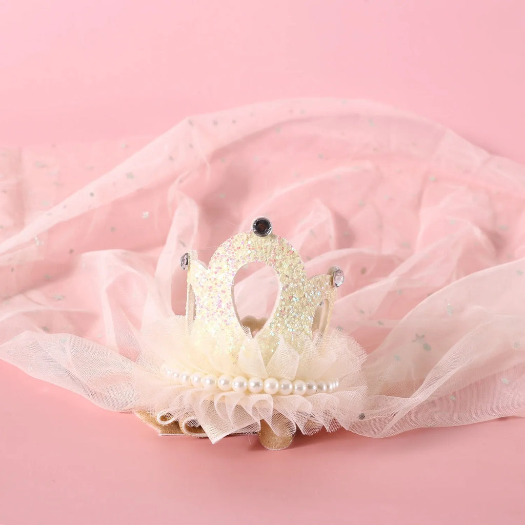 Pet princess crown headdress with beige veil on cat for wedding costume