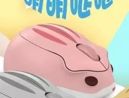 Hamster Wireless Bluetooth Silent Mouse in yellow, pink, and grey colours on a desk